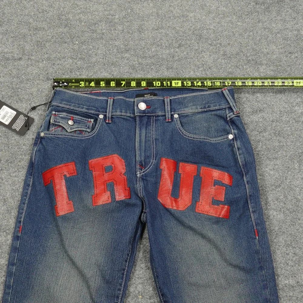 True Religion Jeans Mens 34 Blue Billy Relaxed Bootcut Red Graphic Comet Wash